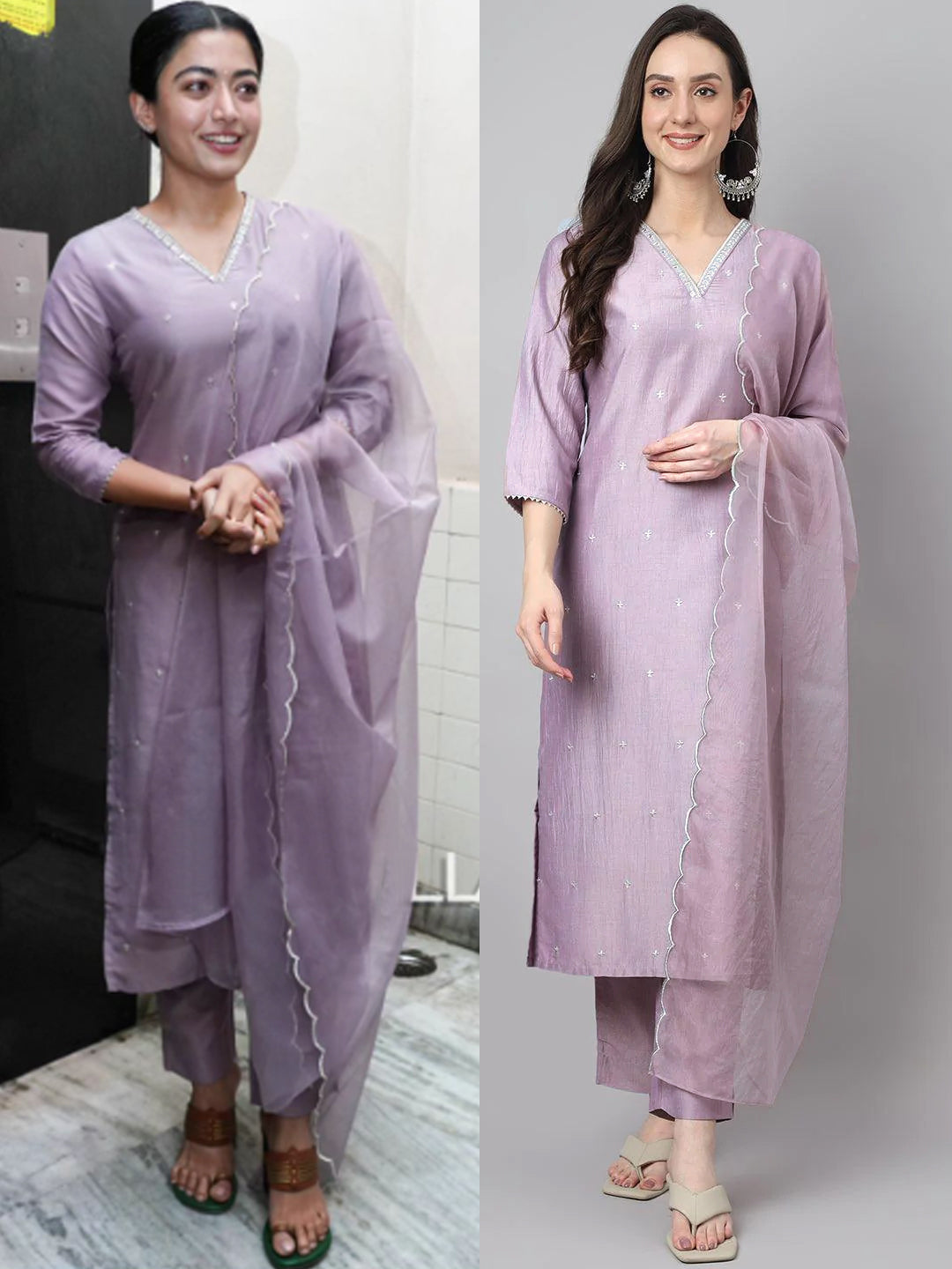 Women's Lavender Chinon Embellished Kurta with Pant and Dupatta