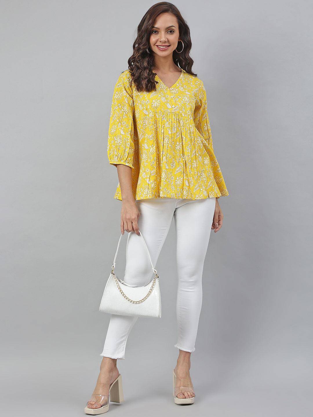 Yellow Cotton Floral Print Flared Top