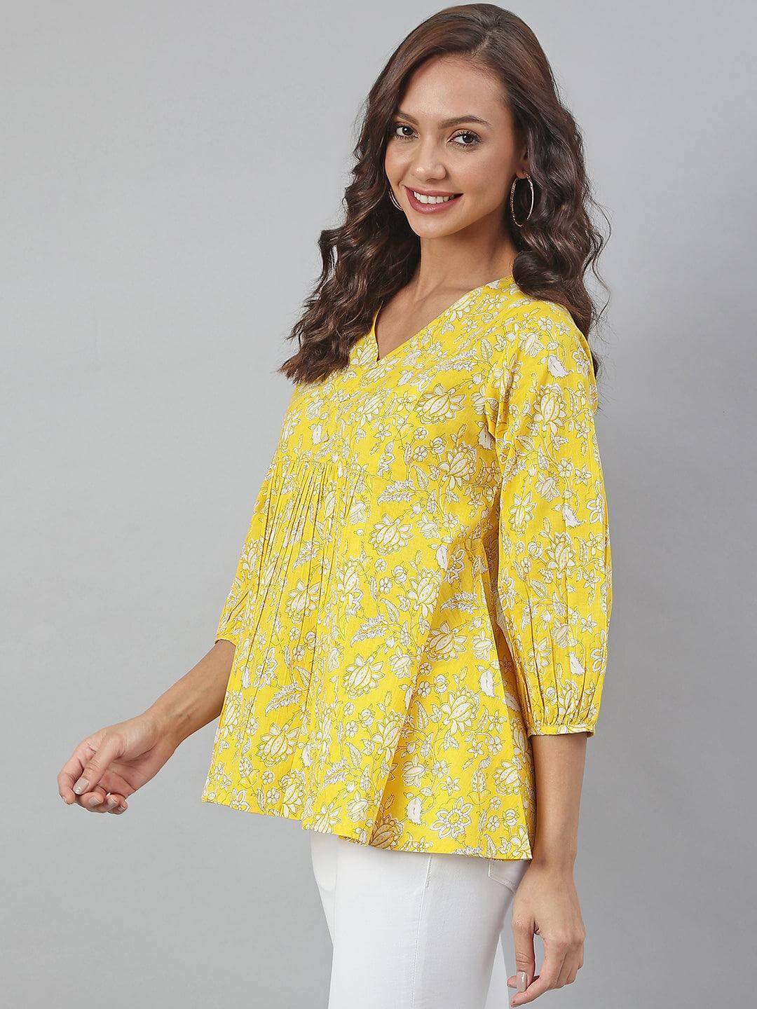 Yellow Cotton Floral Print Flared Top