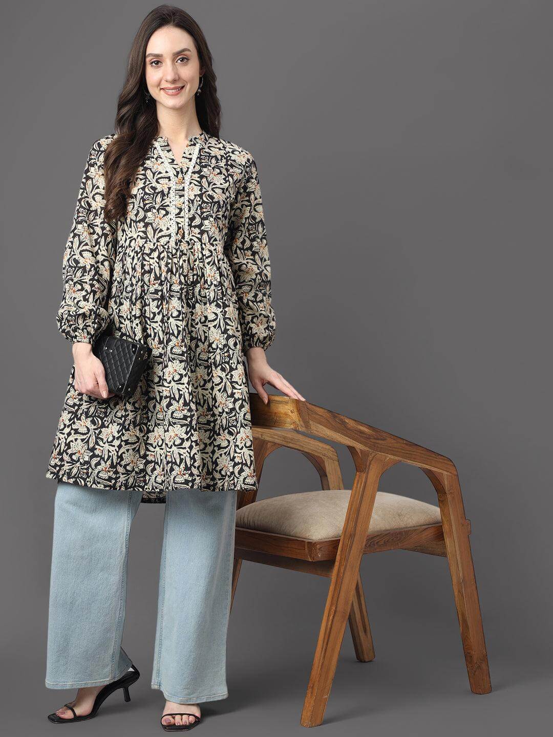 Black Cotton Floral Print Flared Tunic