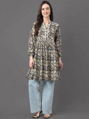 Black Cotton Floral Print Flared Tunic